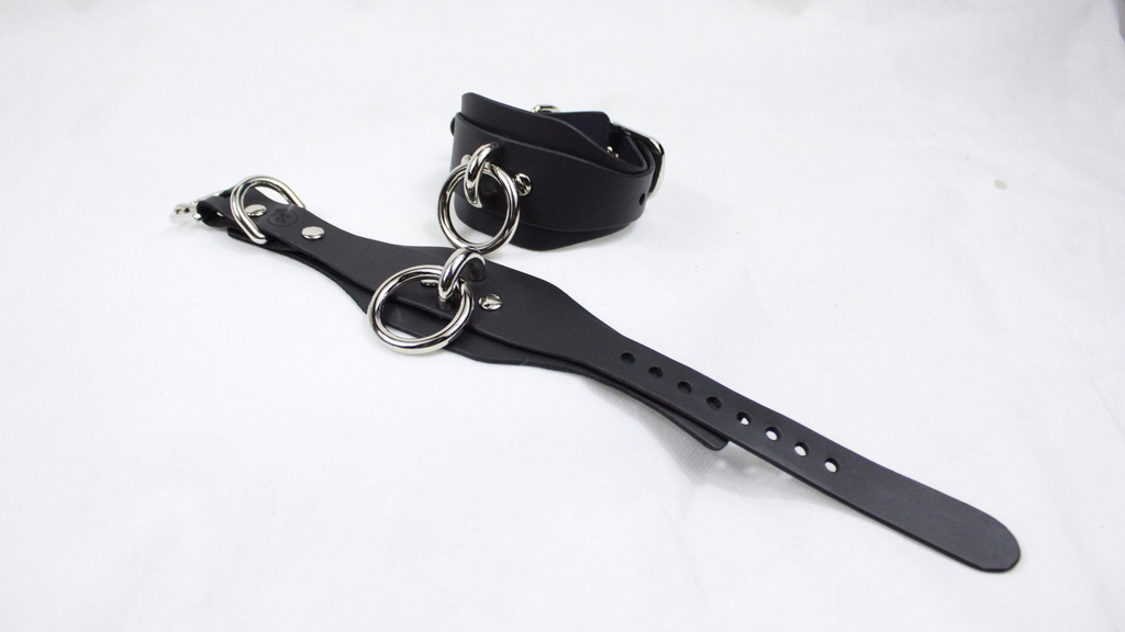 Wide Black Leather Wrist Restraints Submissive Bondage Cuffs