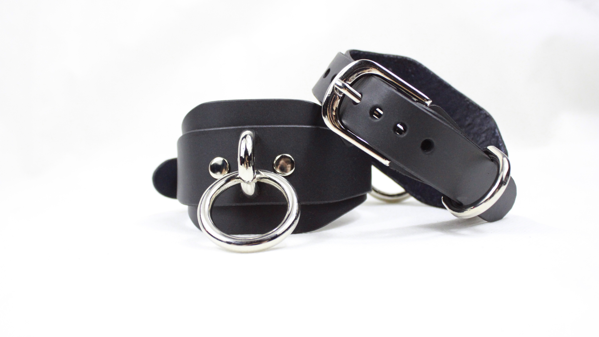 Wide Black Leather Wrist Restraints Submissive Bondage Cuffs