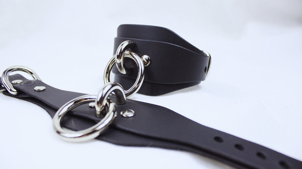 Wide Black Leather Wrist Restraints Submissive Bondage Cuffs